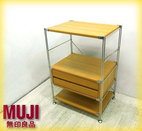 汎用性の高い機能的な収納！ MUJI / 無印良品のロングセラーアイテム 『 ステンレスユニットシェルフ （ タモ棚セット・小・3段 ）』+ 廃番・別売り『 ボックス引出し 』セット 入荷！！