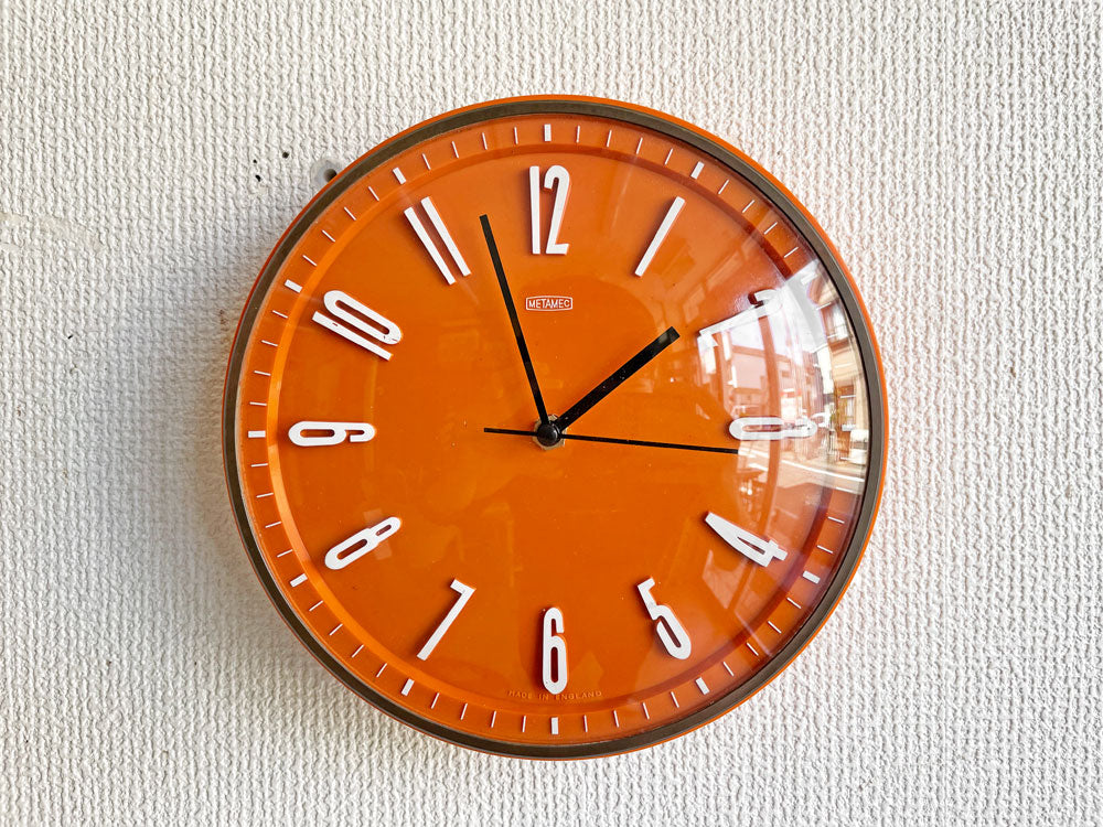 メタメック METAMEC ウォールクロック 掛時計 ガラス×プラスチック オレンジ Φ22cm ムーブメント交換済 UKビンテージ Vintage 中古品 買い取りしました。