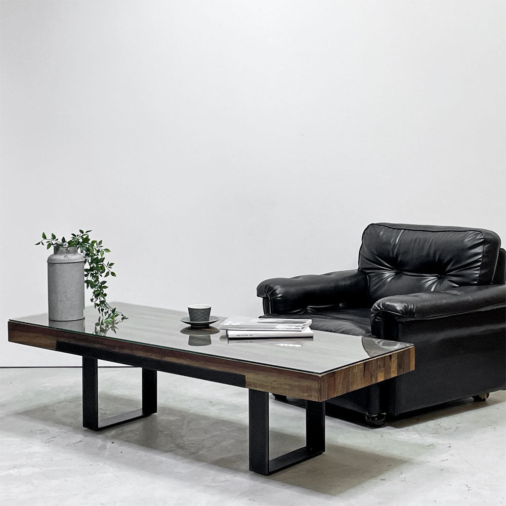 ビーナ bina GRAHAM グラハム コーヒーテーブル COFFEE TABLE W150cm ペローバ材 無垢材 古材 廃材 アイアン ガラス天板 インダストリアル アスプルンド取扱 廃番 ～深木色の多重奏～