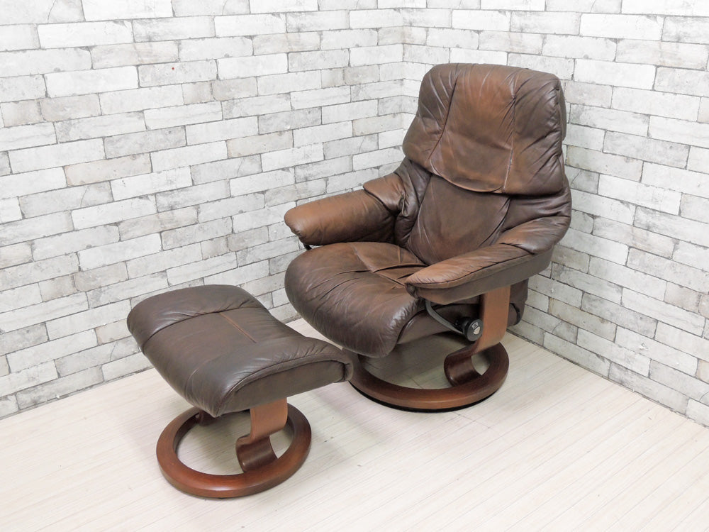 エコーネス EKORNES タンパ TAMPA ストレスレスチェア stressless リクライニングチェア ＆ オットマン 2点セット レザー ブラウン ノルウェー 北欧家具  中古品 買い取りしました。