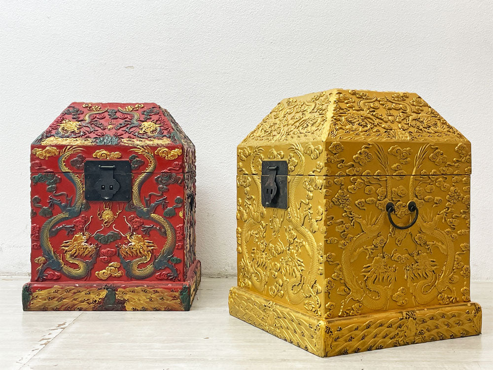 チャイニーズアンティークスタイル Chinese Antique Style 木製 雲龍紋 印箱 文箱 茶道具入れ 宝石箱 収納箱 ペインテッド レッド & ゴールド 中古品 買い取りしました。