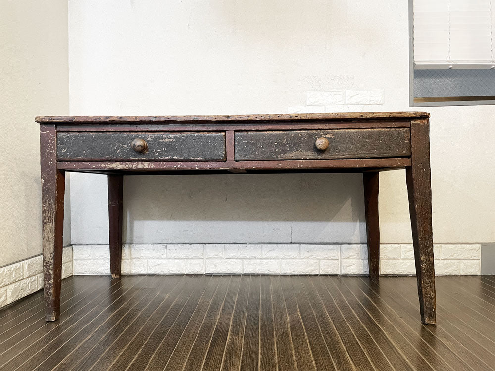 フランスビンテージ France Vintage パイン材 ダイニングテーブル ワークテーブル 作業台 W139cm ブラウンペイント 2ドロワー シャビーシック  中古品  買い取りしました。