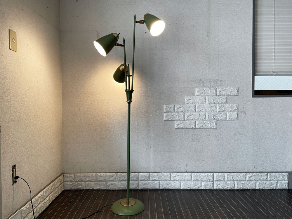 USビンテージ Vintage 3灯 フロアライト フロアスタンド H153cm スチール製 グリーン×ゴールド フットスイッチ付 ミッドセンチュリー  中古品  買い取りしました。