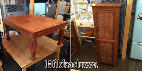 ヒッカドゥワ Hikkaduwa チーク材 ｘ バンブー ローテーブル ＆ 4段 キャビネット ～ チークの魅力をエスニックに楽しむ 【買取と販売とレンタルのお店】