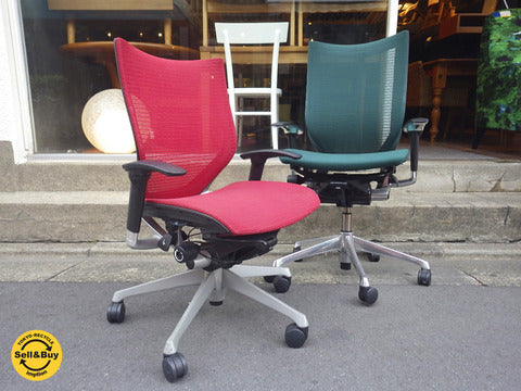 オカムラ OKAMURA バロン Baron ハイバック チェア ダーク グリーン & ローバック チェア レッド 【買取と販売とレンタルのお店】