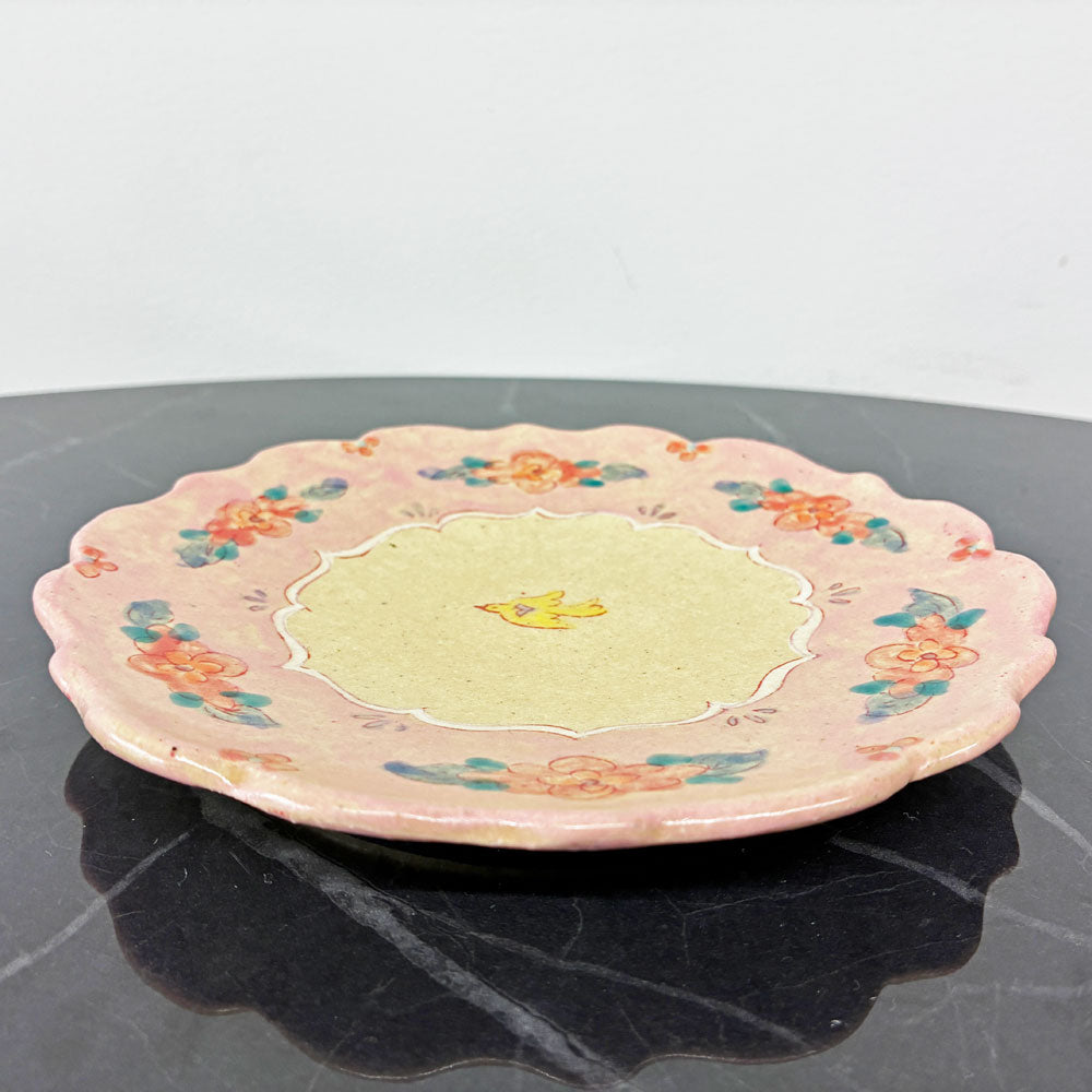【経堂店】増山文 輪花絵皿 8寸 21cm ピンク 花柄 小鳥文 作家もの 現代作家 陶皿 中皿 プレート うつわ 買取させていただきました。