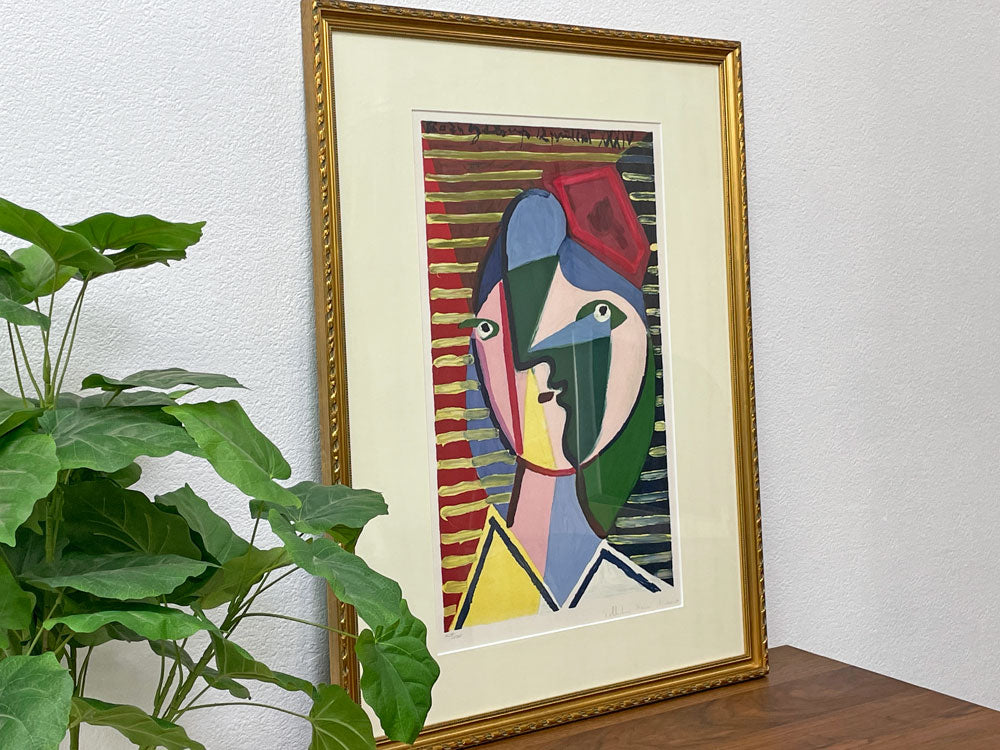 パブロ・ピカソ Pablo Ruiz Picasso 縞模様の女の顔 手刷りリトグラフ 石版画 65×84cm 額装品 500部限定 409/500 シュールレアリスム キュビズム 中古品 買い取りしました。