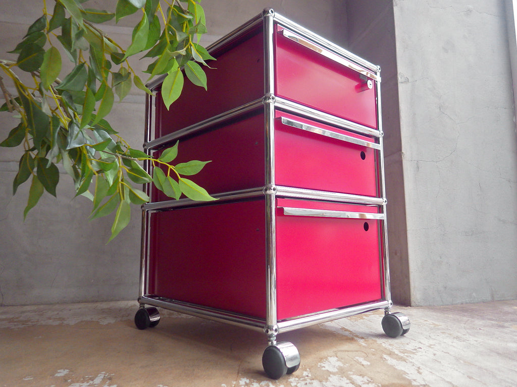 ユーエスエムハラー USM Haller モジュラーファニチャー Modular Furniture ハラーシステム ロールボーイ ワゴン デスクキャビネット 3段 ルビーレッド 鍵付 ～ルックス＆実用性＆レアリティ～