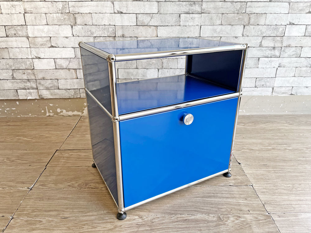 ユーエスエムハラー USM Haller モジュラーファニチャー ハラーシステム キャビネット サイドテーブル 1列2段 ブルー ドロップダウンドア ソフトオープン 未使用品 箱付き 中古品 買い取りしました。