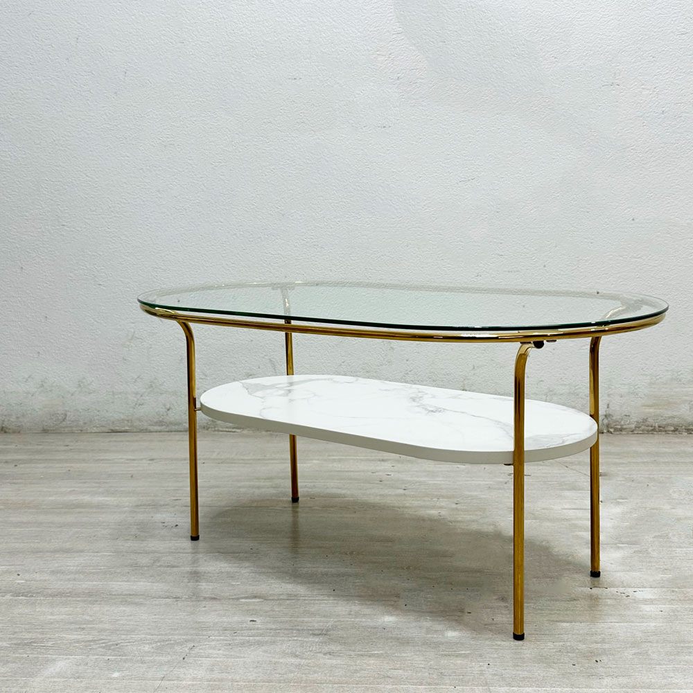 【祖師ヶ谷大蔵店】フランフラン Francfranc レガート コーヒーテーブル S ローテーブル ガラス天板 大理石調メラミン化粧板 スチールレッグ ゴールド W75cm クラシカルデザイン 美品 買取させていただきました。