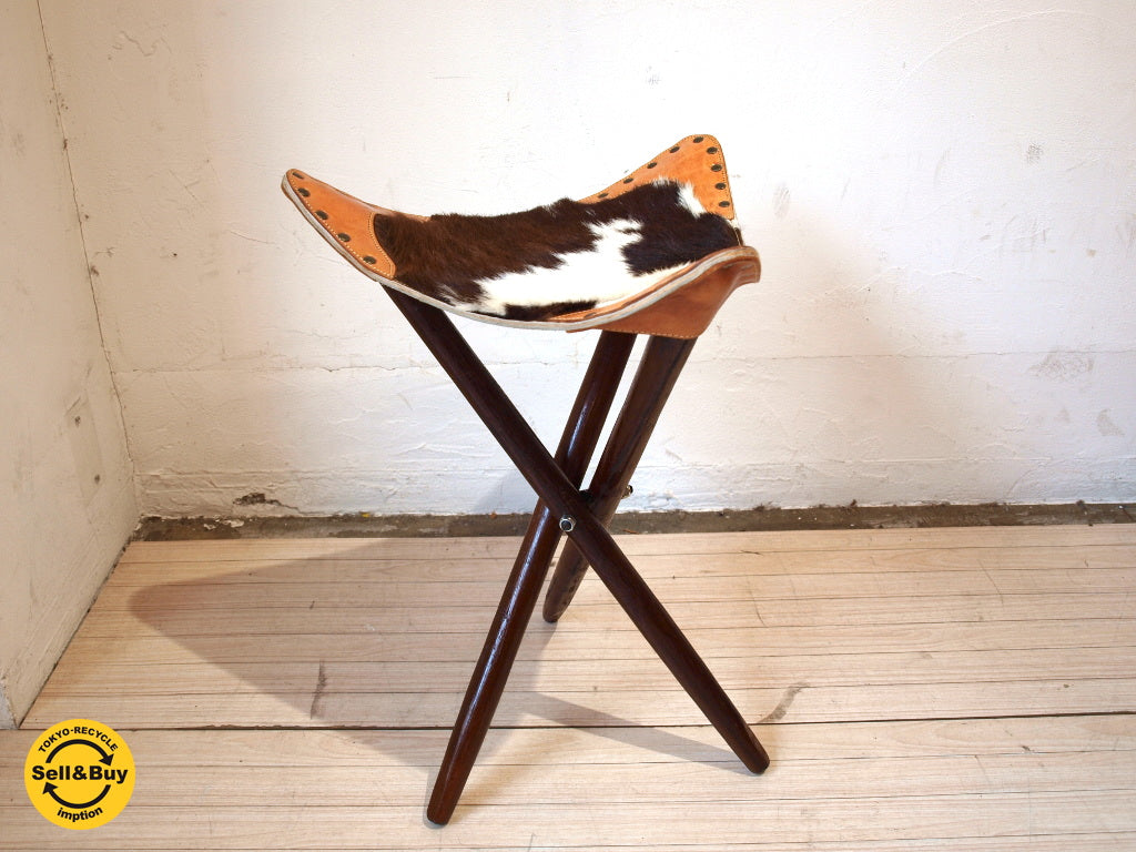 ハンティングチェア Hunting chair スツール 木製 三本脚 ハラコ レザー 折りたたみ可 ビンテージ ★ 中古品 買い取りしました。下北沢店 出張買取もお任せ下さい。