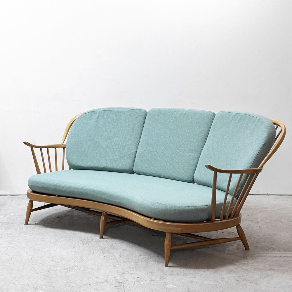 【祖師ヶ谷大蔵店】アーコール Ercol No.499 3Pソファ 3シーター キドニーシェイプ シート スカイブルー ファブリック ビーチ材 UKビンテージ 英国家具 買取させていただきました。