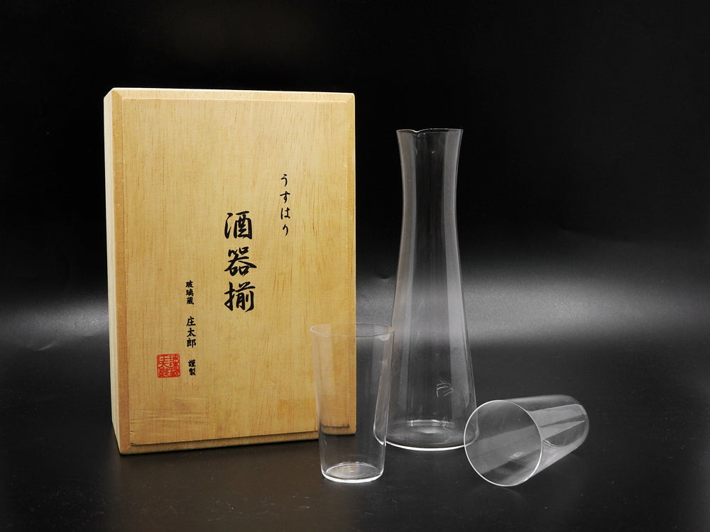 松徳硝子 SHOTOKU GLASS うすはり 酒器揃 酒注ぎ＆タンブラー 3点セット 玻璃 ガラス 木箱付  中古品  買い取りしました。
