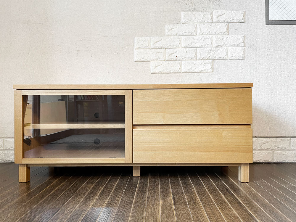 無印良品 MUJI タモ材 AVラック AVボード W110cm ガラス扉 抽斗2杯 ナチュラルデザイン 廃番  中古品  買い取りしました。