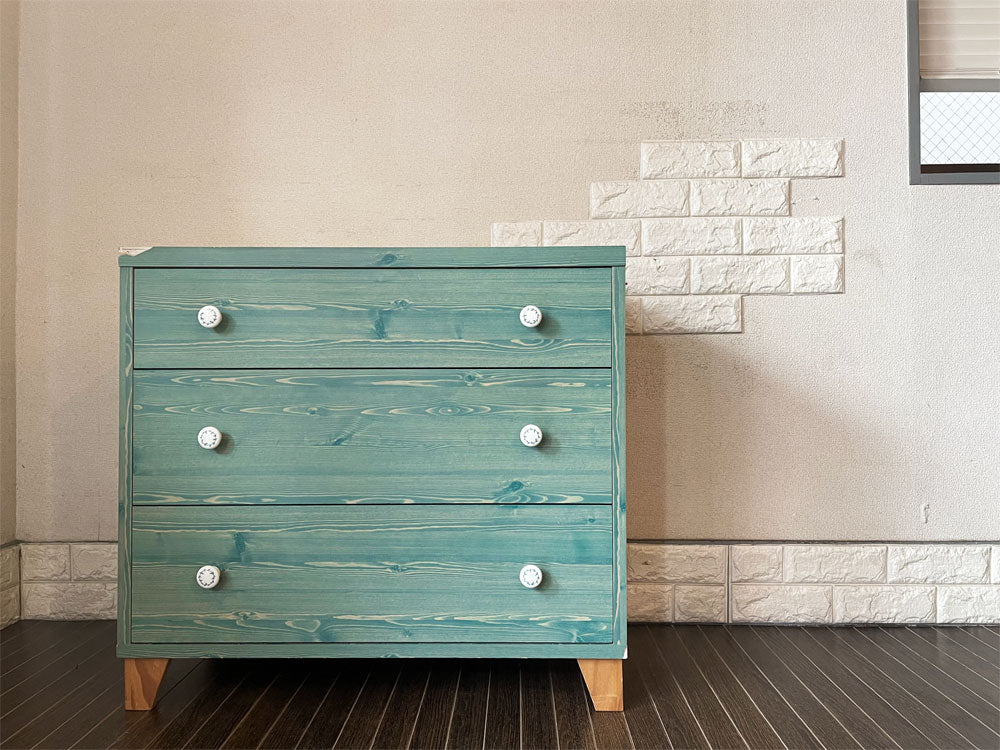 モモナチュラル MOMO Natural ラブチェスト LOVE CHEST T-75 抽斗3杯 W75cm ブルーペイント 陶製把手  中古品  買い取りしました。
