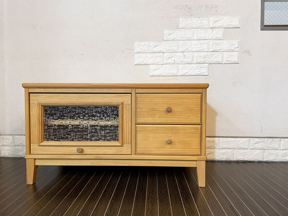 モモナチュラル MOMO Natural モア MORE テレビボード AVボード パイン材 W90cm ガラスフラップ扉 抽斗2杯 定価￥39,900- 廃番 中古品  買い取りしました。