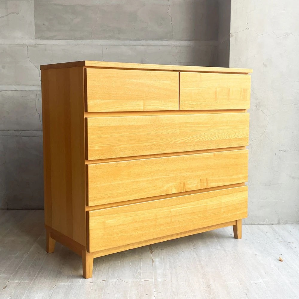 【学芸大学店】無印良品 MUJI 木製チェスト タモ無垢材 4段 抽斗5杯 フルオープン W95 ナチュラル シンプルデザイン 廃番 買取させていただきました。