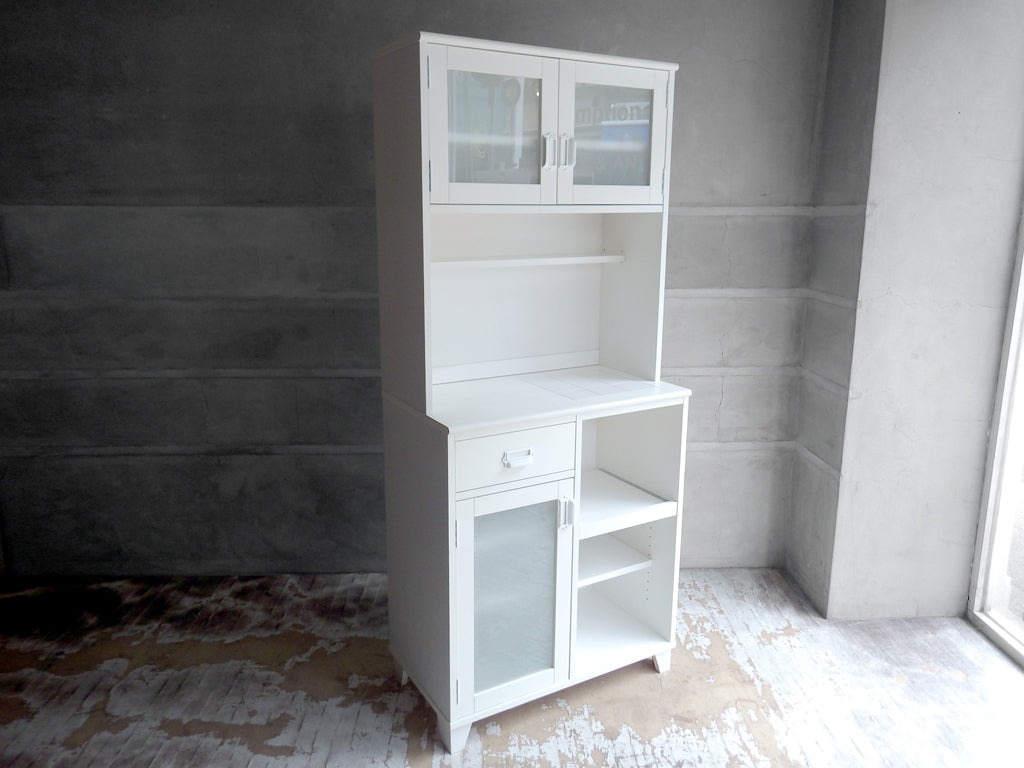 モモナチュラル Momo natural ランド LAND レンジボード カップボード 食器棚 W77cm タイルトップ パイン材 ホワイト 定価: \86,900- 中古品 買い取りしました。