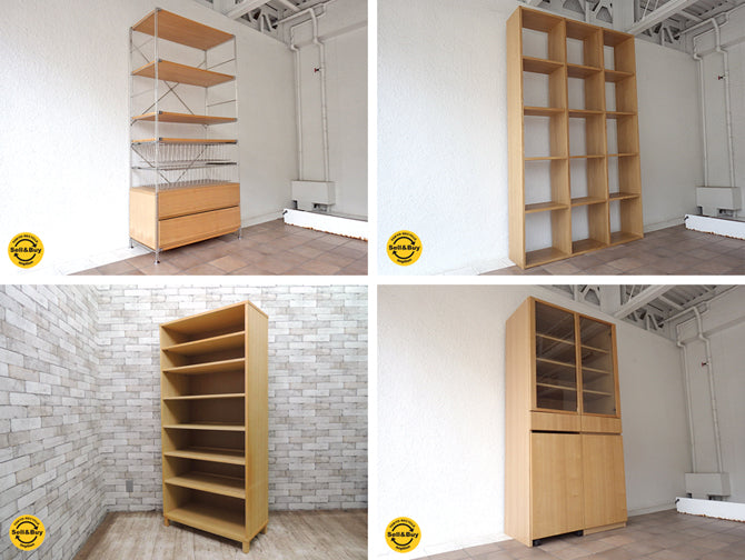 無印良品 MUJI ステンレスユニットシェルフ＋オプション付き タモ材 & スタッキングシェルフセット （ 飾り棚 オープンシェルフ 本棚 ） 5段3列 オーク材 ×2台 & 木製カップボード ワゴン付き （ キッチンボード 食器棚 ガラスキャビネット ） タモ材 ～ リビングやキッチン等、幅広いシーンで活躍するナチュラルで機能的な収納家具!! ～ 【 買取と販売とレンタルのお店 】