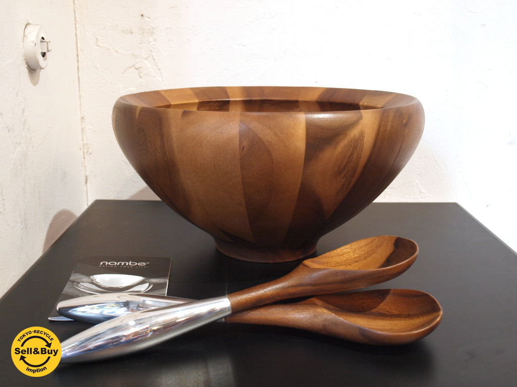 ナンベ Nambe ヤロ Yaro ウッドサラダボウル サラダサーバー付 アカシア×クローム Salad Bowl with Servers 未使用元箱付 　中古品 買い取りしました。下北沢店 出張買取もお任せ下さい。