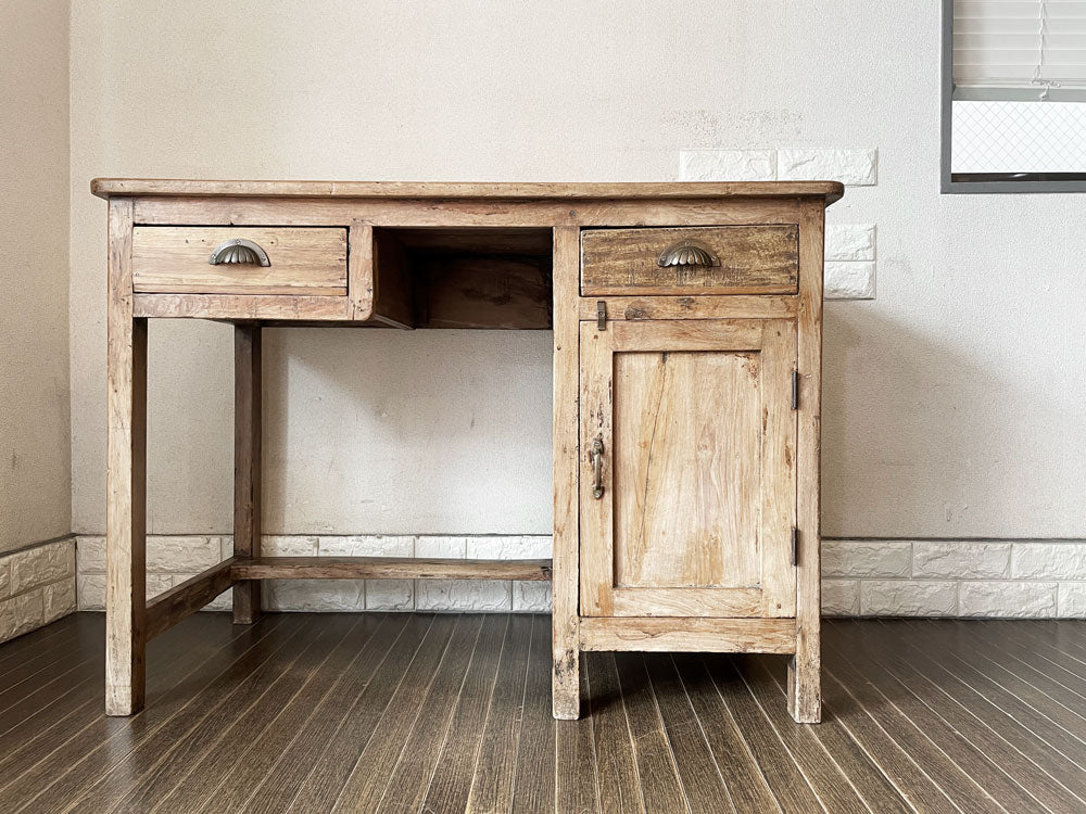 オールドメゾン old maison アジアンチーク無垢材 片袖デスク W106cm 抽斗2杯 扉収納 ビンテージ  中古品  買い取りしました。