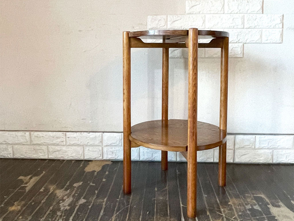 ビンテージ Vintage ラウンドトップ サイドテーブル トレイテーブル 花台 オーク材 2段 Φ42cm 折り畳み 店舗什器 中古品  買い取りしました。