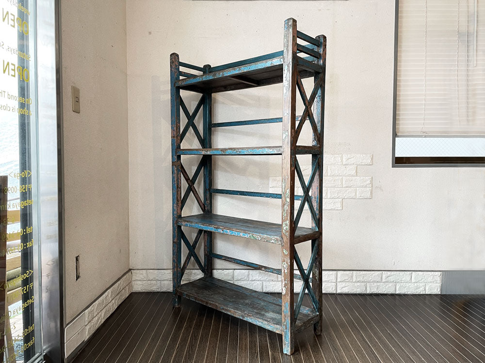 オールドメゾン old maison 古材 オープンシェルフ 本棚 飾り棚 4段 ブルーペイント H155cm ビンテージ シャビーシック  中古品  買い取りしました。