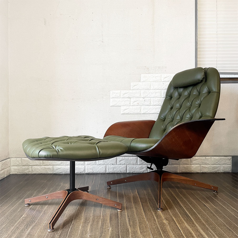 【経堂店】プライクラフト PLYCRAFT ミスターチェア Mr. Chair ヘッドレスト＆オットマン付 ウォールナット材 PVCレザー グリーン系 シート張替済 ジョージ・モルハウサー USビンテージ ミッドセンチュリー 買取させていただきました。