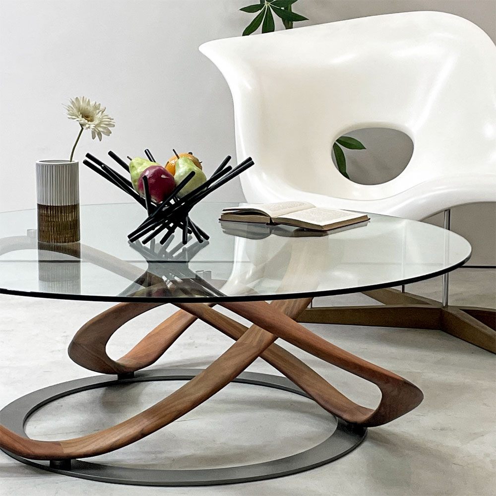 【祖師ヶ谷大蔵店】ポラダ porada インフィニティ INFINITY リビングテーブル コーヒーテーブル ラウンド Φ120cm ガラス天板 ウォールナット無垢材 イタリア 定価￥649,000- ACTUS取扱い 買取させていただきました。