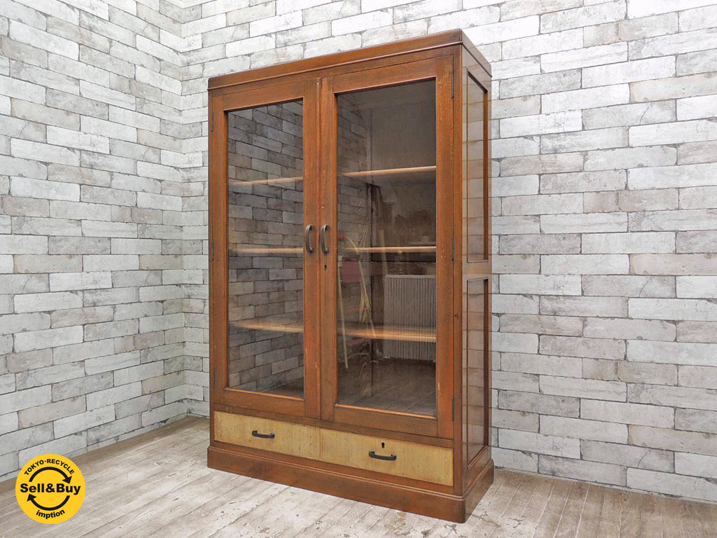 ジャパンビンテージ 古い木味の食器棚 観音開き 引き出し 中古品 買い取りしました。祖師ヶ谷大蔵店 出張買取もお任せ下さい。