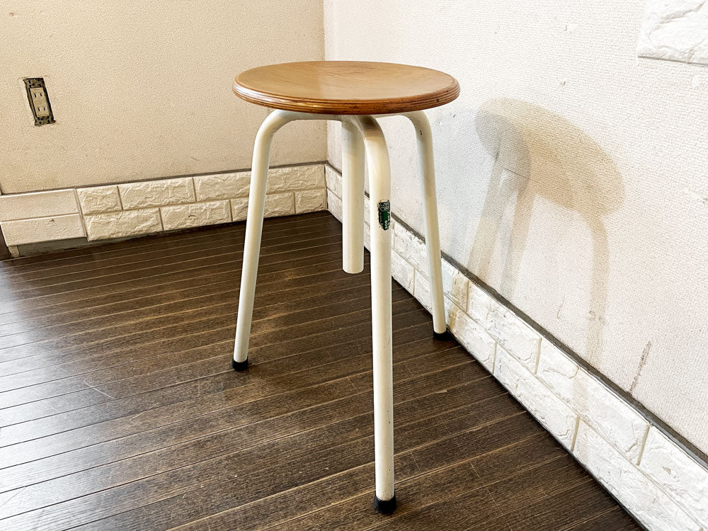 ビンテージ Vintage ウッドシート × スチールレッグ スツール 3本脚 回転昇降式 H54-67cm インダストリアル  中古品  買い取りしました。