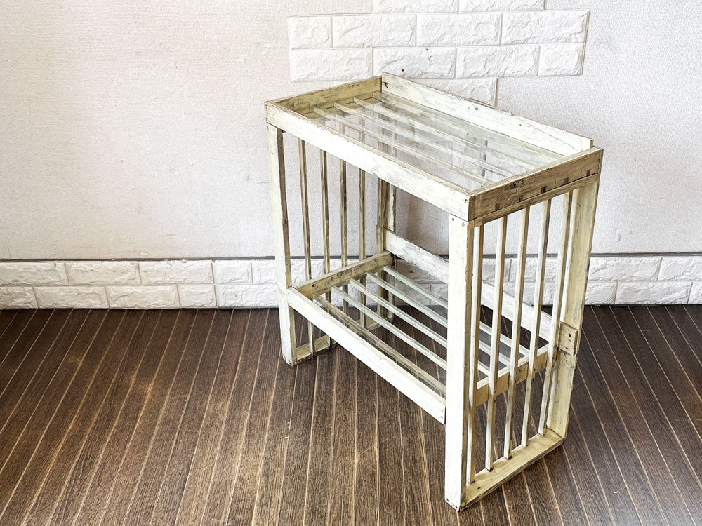 ビンテージ Vintage ガラス天板 × 杉古材 オープンシェルフ 飾り棚 2段 クリームペイント W64cm シャビーシック  中古品  買い取りしました。