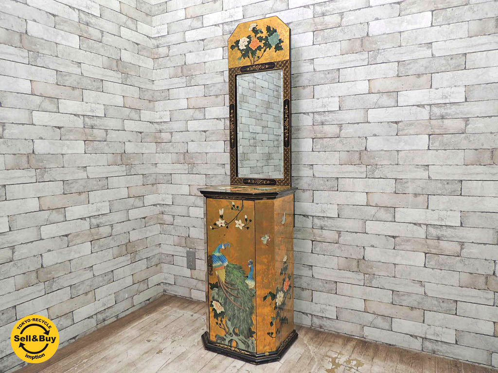 中国家具 金箔 金彩 漆 花鳥絵図 鏡台 ドレッサー ミラー 中古品 買い取りしました。祖師ヶ谷大蔵店 出張買取もお任せ下さい。