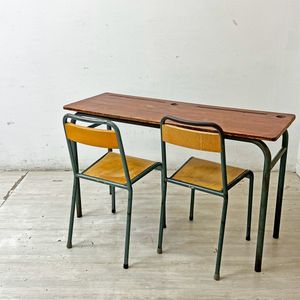 【祖師ヶ谷大蔵店】フランスヴィンテージ スクールデスク 2人掛け用 木製天板 x スチール脚 学校机 店舗什器 買取させていただきました。