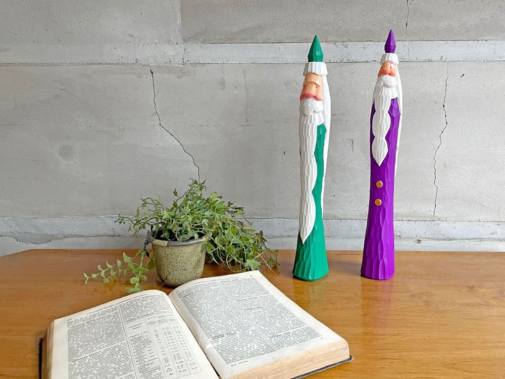 Shimoo Design とんがりサンタ グリーン＆パープル 木彫り オブジェ ハンドメイド 箱付き 希少 中古品 買い取りしました。