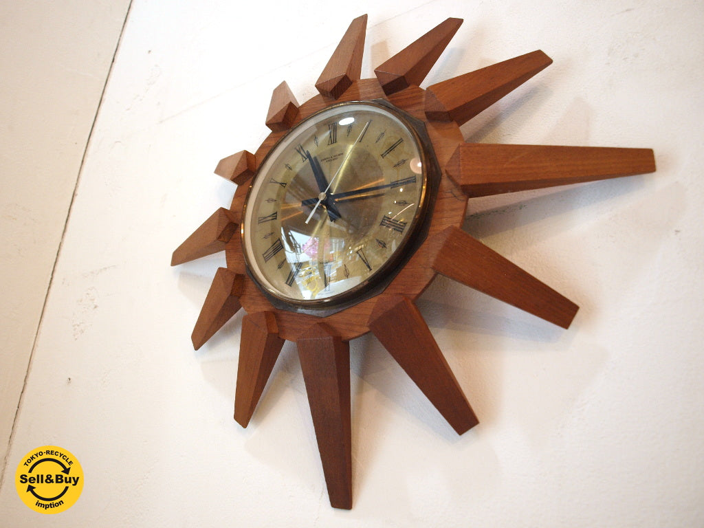 UKビンテージ ANSTEY & WILSON サンバースト ウォールクロック チーク材フレーム 壁掛け時計 ～ イギリスのミッドセンチュリーデザイン【 買取と販売とレンタルのお店 】