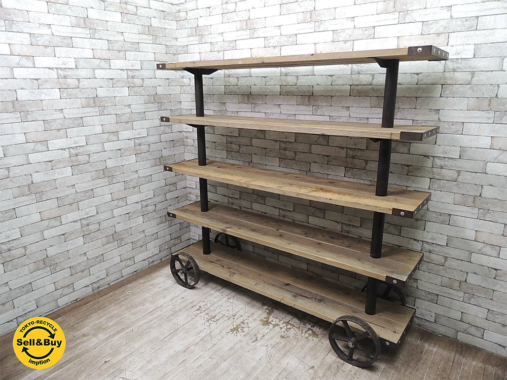 インダストリアル シェルフ アイアンｘ古材ｘ鉄ホイール W184cm ディスプレイ 店舗什器 ビンテージスタイル　中古品 買い取りしました。祖師谷大蔵店 出張買取もお任せ下さい。