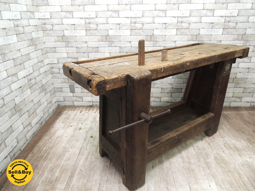UKビンテージ 木製 作業台 万力2箇所付き W165cm ディスプレイ 店舗什器 ショップカウンター インダストリアル 木味 クラフト アンティーク　中古品 買い取りしました。祖師谷大蔵店 出張買取もお任せ下さい。