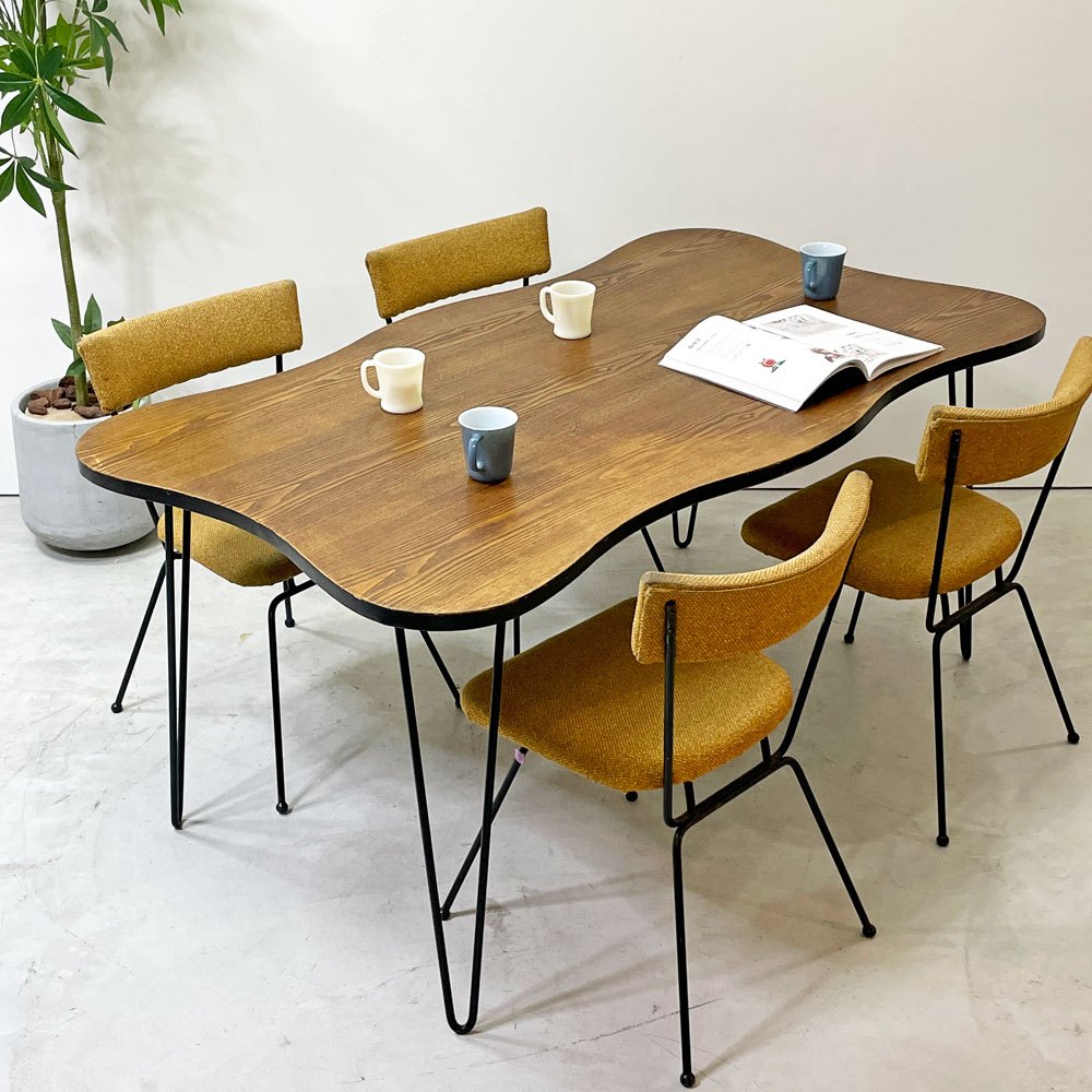 【祖師ヶ谷大蔵店】USビンテージスタイル ダイニングテーブル オーク材 変形天板 スチールレッグ ヘアピンレッグ インダストリアルデザイン 買取させていただきました。