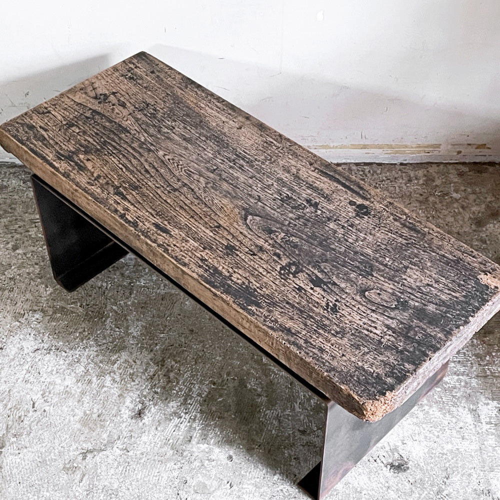 リメイク家具 古材×鉄 ローテーブル スツール ベンチ 幅88.5cm 店舗什器 インダストリアルデザイン ■