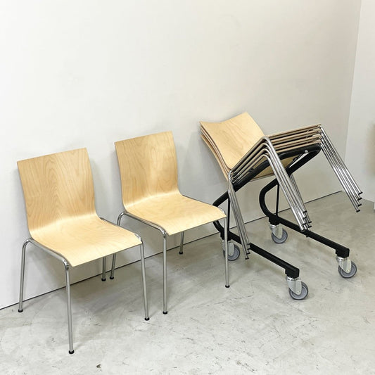エンゲルブレヒト Engelbrechts チャリック CHAIRIK 101 スタッキングチェア 4本脚 バーチ材 ナチュラル 6脚セット 専用トローリー付 エリック・マグヌッセン 未使用保管品 ●