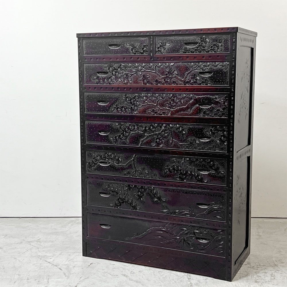 軽井沢彫 箪笥 チェスト 7段 抽斗8杯 桜彫刻 星打ち 細密彫刻 伝統工芸品 民藝家具 ●