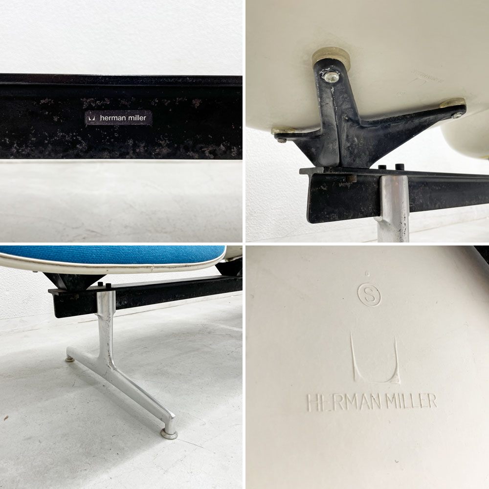 ハーマンミラー Herman Miller ビンテージ エアポートベンチ タンデムシート 4連 アームシェル 2nd ファブリック 新品張替え済 イームズ 希少 B 〓