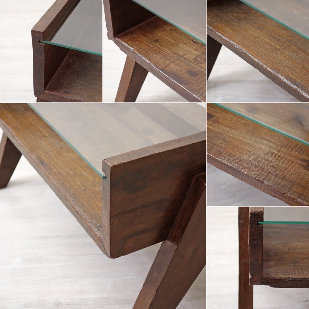 ピエールジャンヌレ Pierre Jeanneret コーヒーテーブル Coffee Table スモール チーク無垢材 ガラス チャンディーガル レター有 60‘s CHH/T57 ●