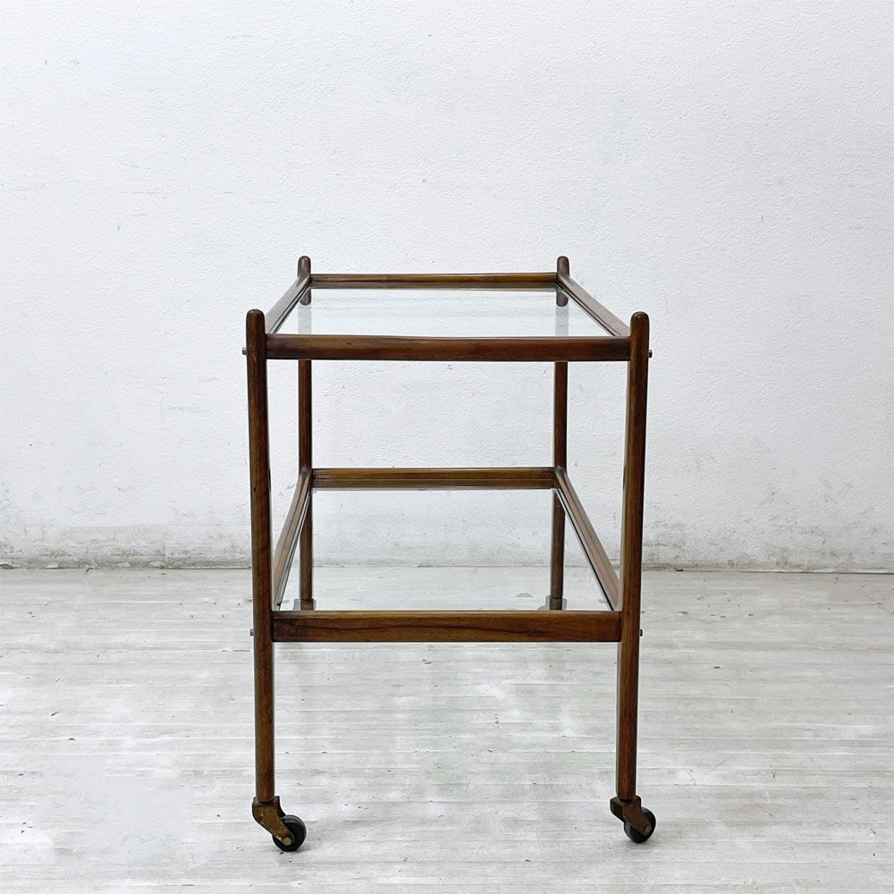 USビンテージ Vintage 木製 ガラス ワゴン 2段 キャスター キッチンワゴン サイドテーブル ディスプレイラック ミッドセンチュリー ●