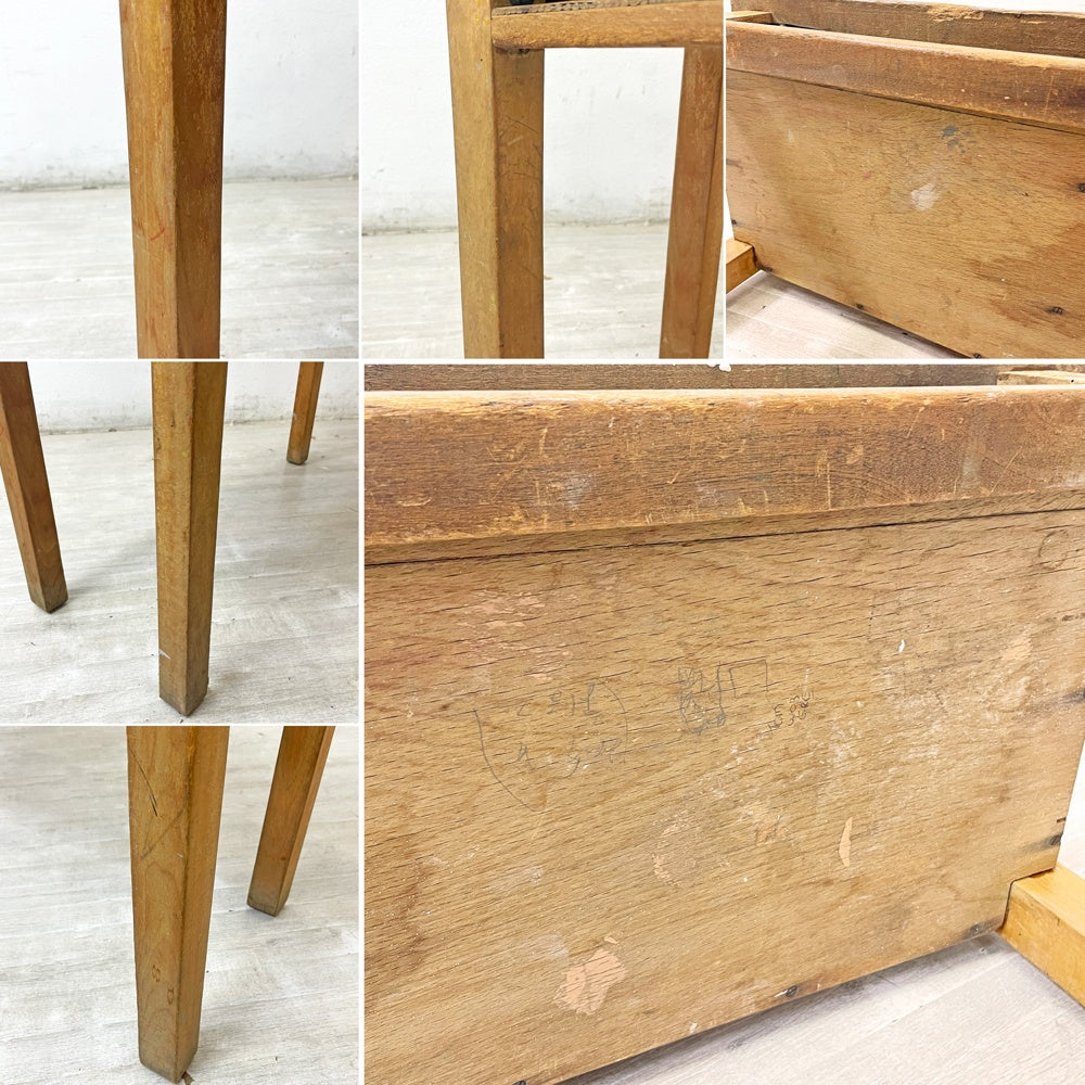 フランスビンテージ French Vintage スクールデスク キッズデスク 学校机 コンソールテーブル 2人掛け ブルーペイント W92cm ●
