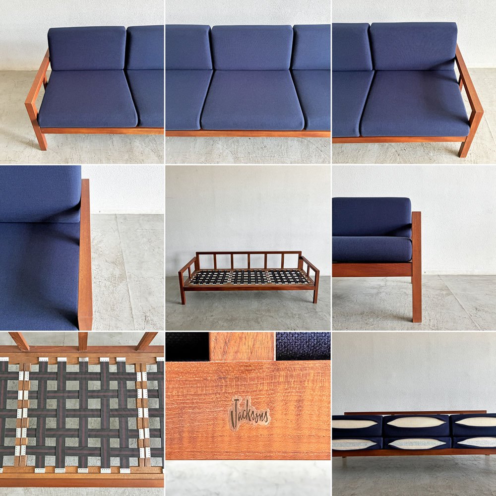ジャクソンファニチャー Jackson Furniture チーク材 3シーターソファ 3人掛け W207cm ファブリック ネイビー系 座面ウレタン交換＆カバー張替済 USビンテージ 〓