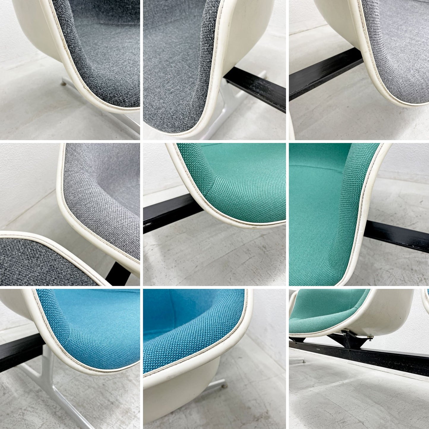 ハーマンミラー Herman Miller ビンテージ エアポートベンチ タンデムシート 4連 アームシェル 2nd ファブリック 新品張替え済 イームズ 希少 グレー・ライトグレー・ミント・スカイブルー D〓