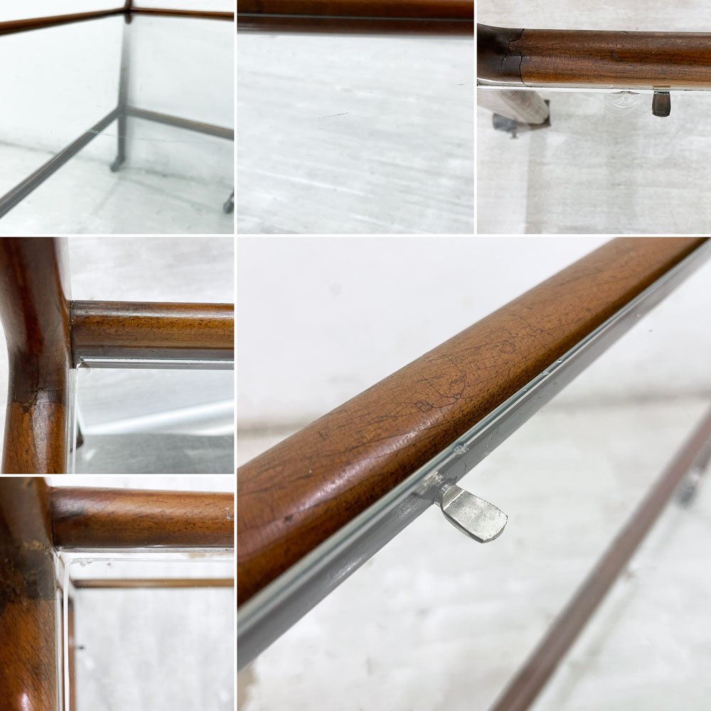 USビンテージ Vintage 木製 ガラス ワゴン 2段 キャスター キッチンワゴン サイドテーブル ディスプレイラック ミッドセンチュリー ●