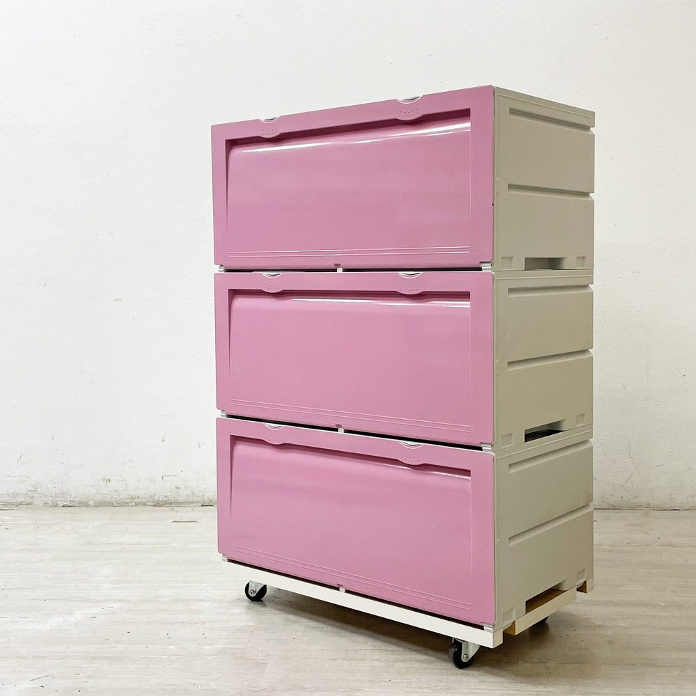 タッパーウェア Tupperware スーパーチェスト ワイド Super chest Wide 引出1段 ピンク 3段セット 専用カート付 ●